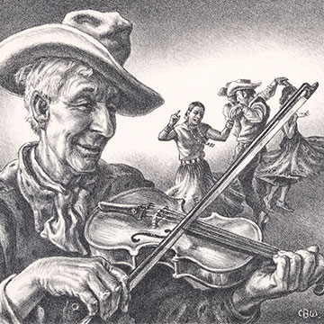 A black and white work depicting a large male figure in the foreground playing fiddle and two couples dancing in the background
